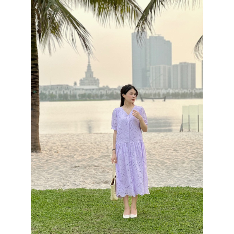 Váy tím Buble Dress dáng dài ren boi tiểu thư