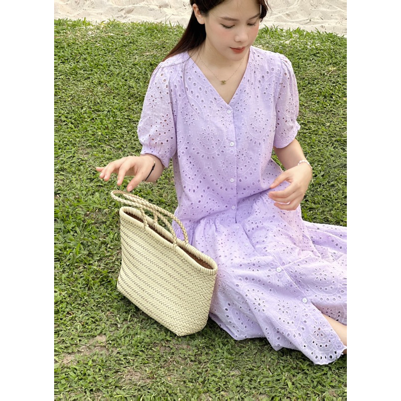 Váy tím Buble Dress dáng dài ren boi tiểu thư