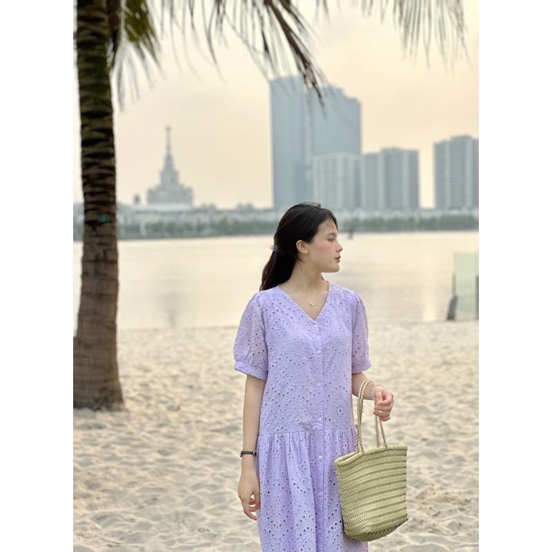 Váy tím Buble Dress dáng dài ren boi tiểu thư