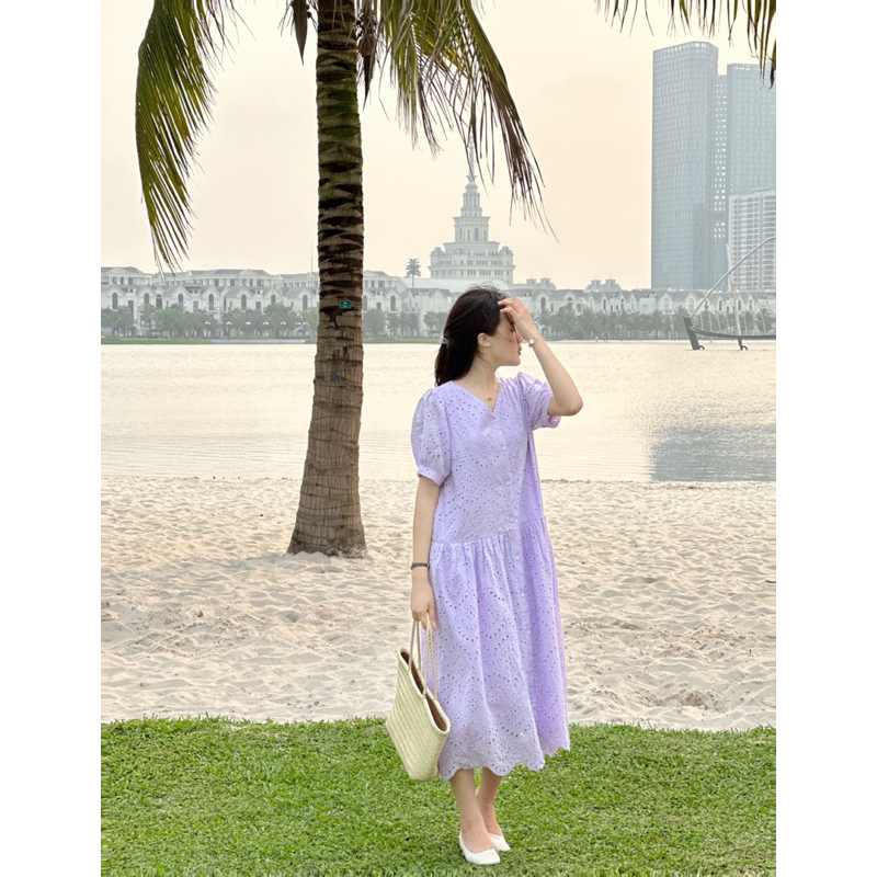 Váy tím Buble Dress dáng dài ren boi tiểu thư