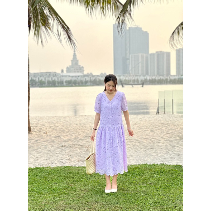 Váy tím Buble Dress dáng dài ren boi tiểu thư