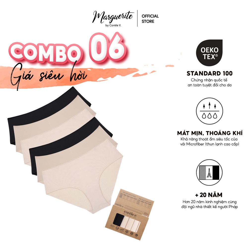 Combo 6 quần lót nữ Marguerite vải thun lạnh su đúc, cạp vừa, chuẩn an toàn OEKO-TEX từ Corèle Pháp - 06144