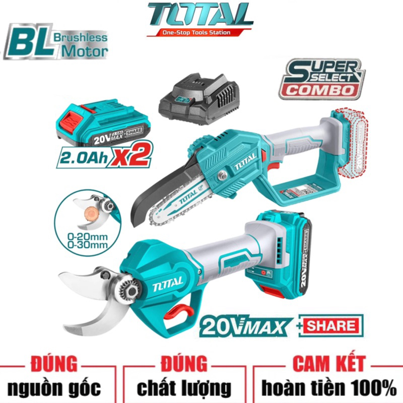 TOTAL Bộ combo 2 máy cắt cành và máy cưa xích mini dùng pin 20V TOSLI23012