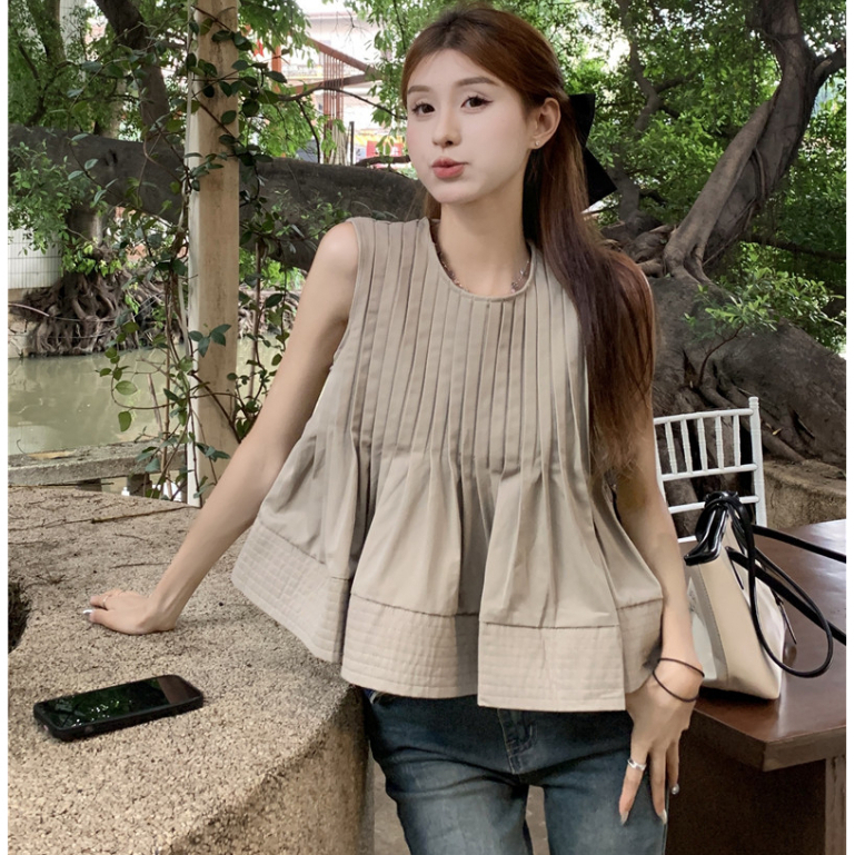 Áo sơ mi nữ không tay xếp ly trơn màu, sơ mi nữ kiểu 3 lỗ cổ tròn chất mát mặc hè năng động 1801