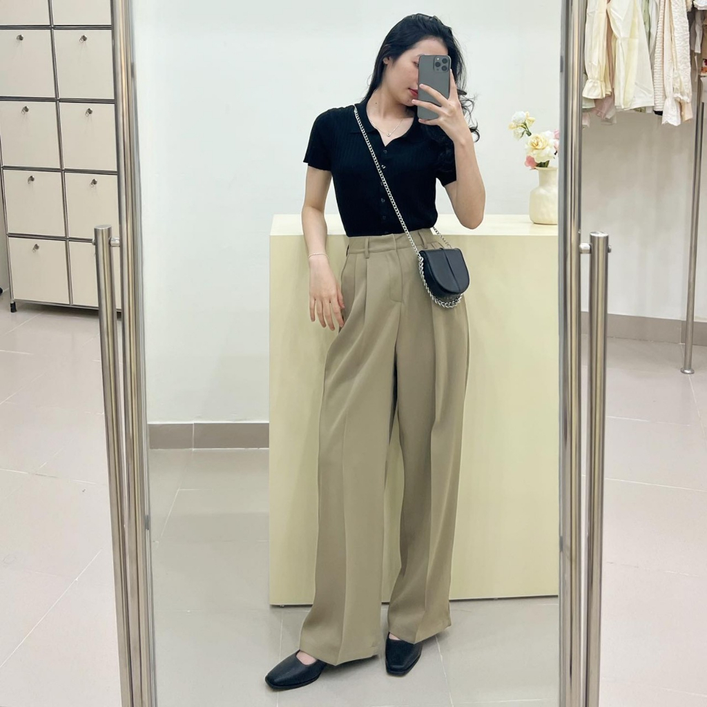 Quần vải suông ống rộng lưng cao 22079, Quần tây nữ chát vãi rũ mướt