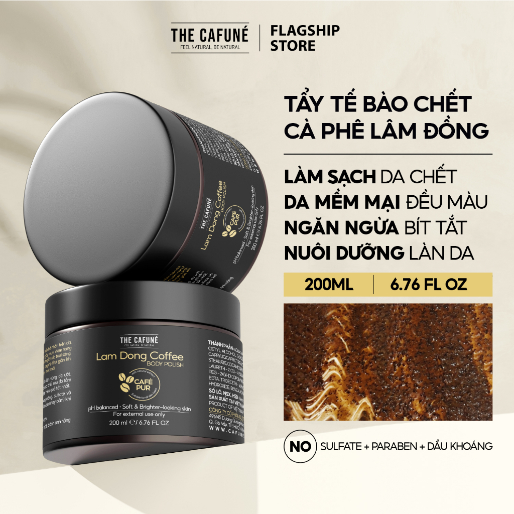 Tẩy Tế Bào Chết Cơ Thể CAFUNÉ, Tẩy Da Chết Body, Da Mềm Mịn, Trắng Sáng Mờ Thâm 400ml