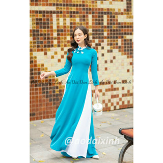 Áo dài xanh ngọc 4 tà may cách điệu, đính hoa nổi - Áo Dài Đan Linh