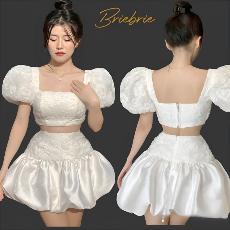 Set áo croptop tay bồng + chân váy Briebrie chất liệu tafta ánh kim,sang chảnh - 415