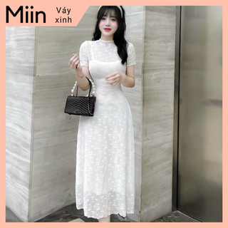 Váy ren tiểu thư cổ tròn 2 lớp