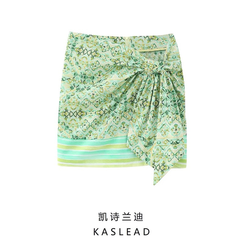 Sét áo sơ mi + chân váy hoạ tiết xanh hàng TQ