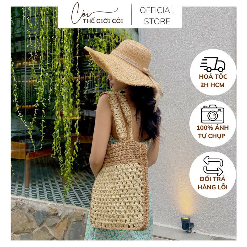 Túi cói mềm CN viền kem nâu