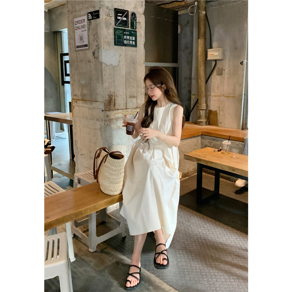 Đầm babydoll sát nách cổ tròn phong cách đơn giản dễ thương Hàn Quốc, váy suông trơn cổ tròn phong cách dễ thương