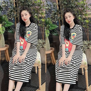 S11 Đầm Suông Sọc In Gấu Dâu Cute