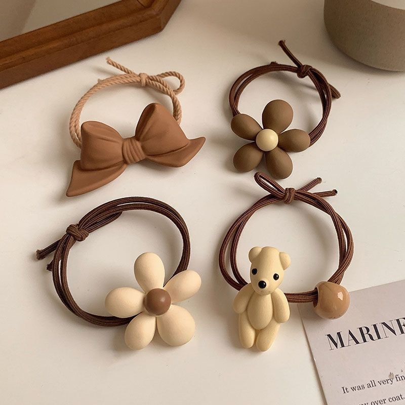 Dây cột tóc nữ co giãn tông màu nâu trắng in họa tiết gấu hoa nơ phong cách tiểu thư dễ thương