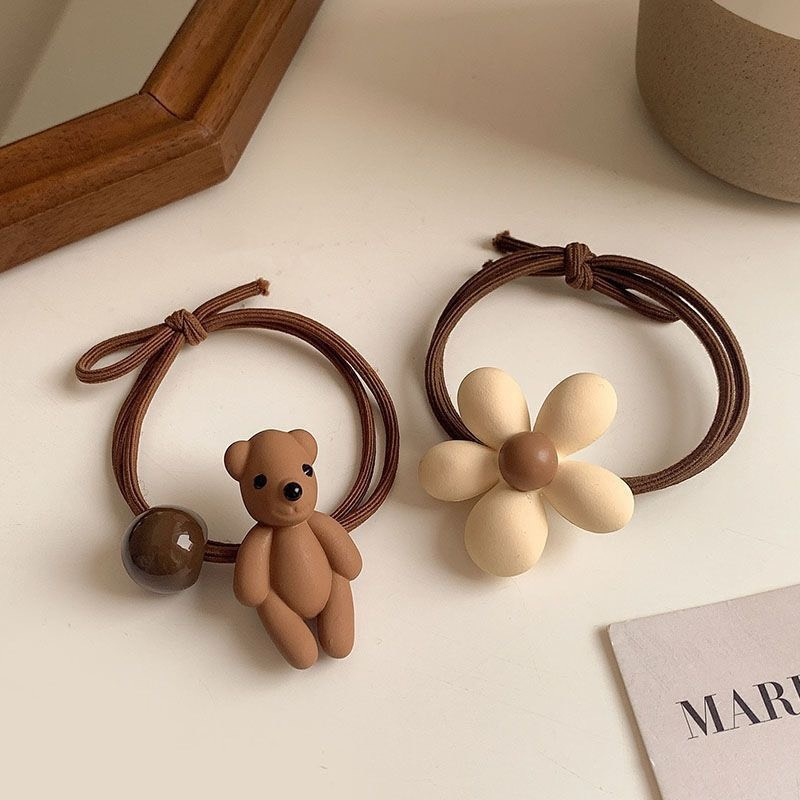 Dây cột tóc nữ co giãn tông màu nâu trắng in họa tiết gấu hoa nơ phong cách tiểu thư dễ thương