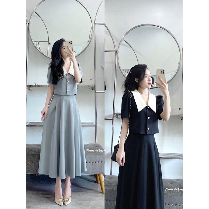 Set chân váy dài+ áo pha cổ