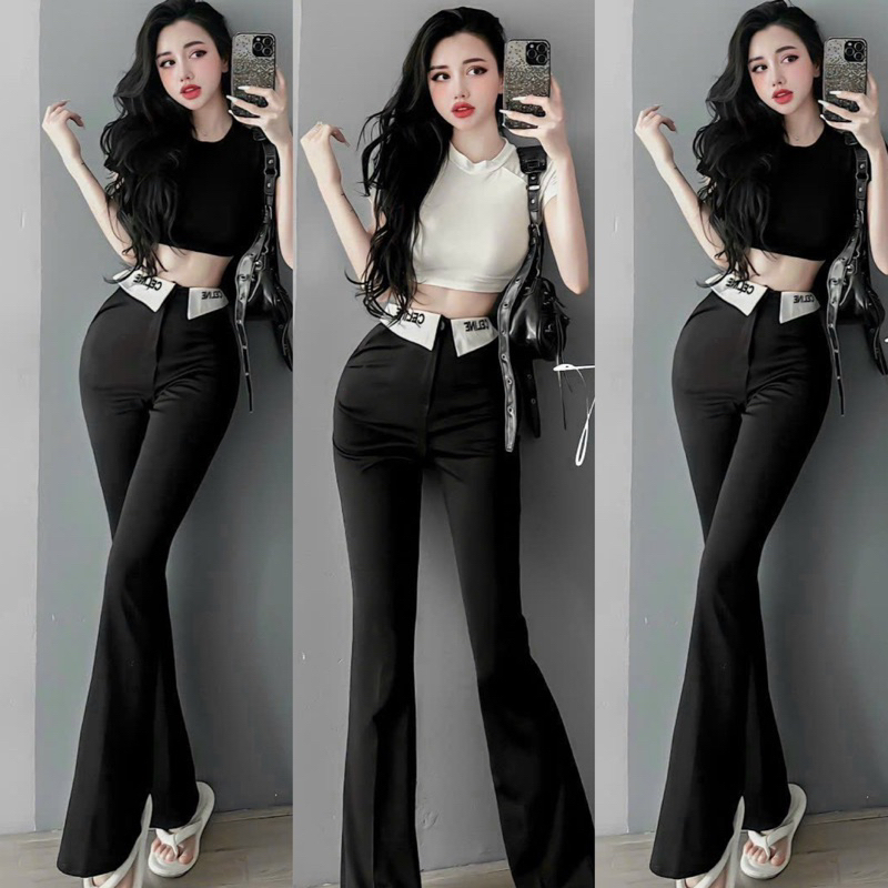Set Bộ Áo Thun Croptop Tay Ngắn + Quần Kaki Ống Loe Lật Lưng Trắng Tam Giác
