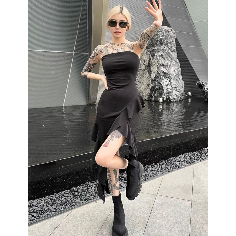 Váy - Đầm body cúp ngực ôm viền lượn sóng TUA RUA tiểu thư