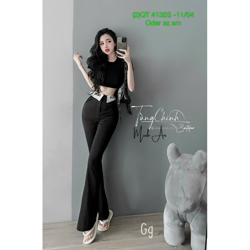 Set Bộ Áo Thun Croptop Tay Ngắn + Quần Kaki Ống Loe Lật Lưng Trắng Tam Giác