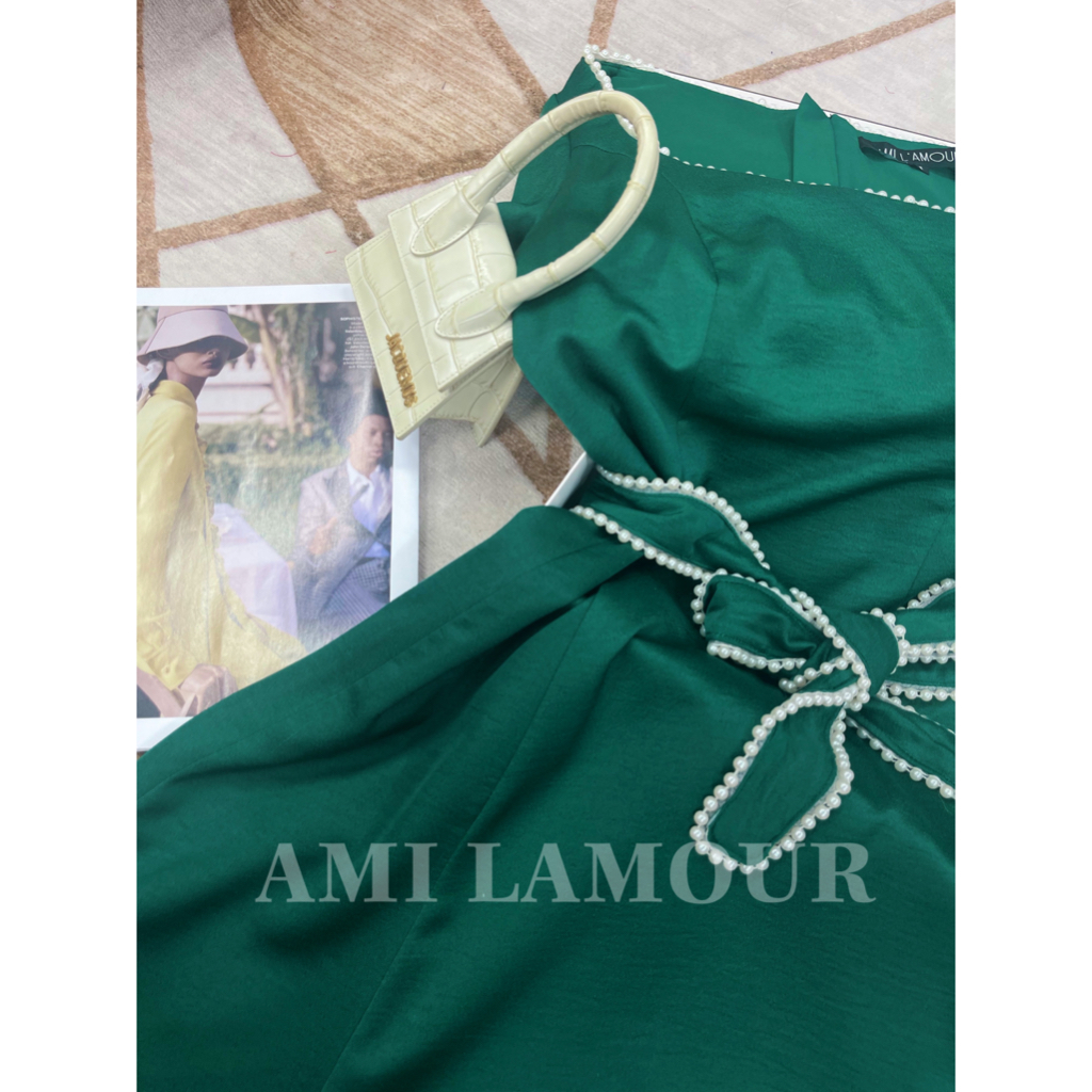 Váy cổ vuông thanh lịch AmiLamour, váy Kiama 2 màu tôn đa kèm đai rời