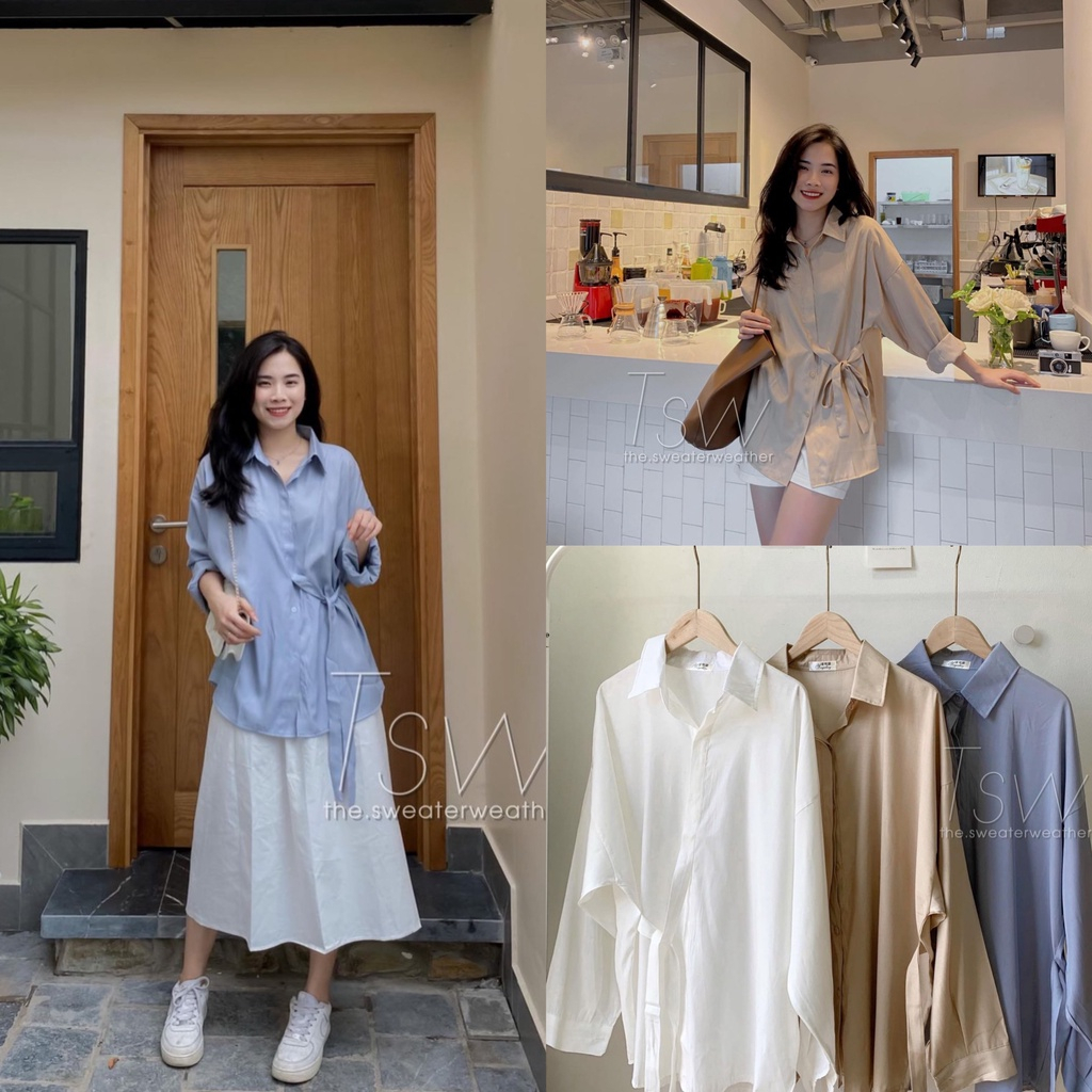 Áo Sơ Mi Buộc Nơ Eo hàn quốc MAYSHOP.1994, Áo Sơ Mi Vải Đũi Lụa Trơn Có Dây Thắt Eo Tôn Dáng Freesize ms5138