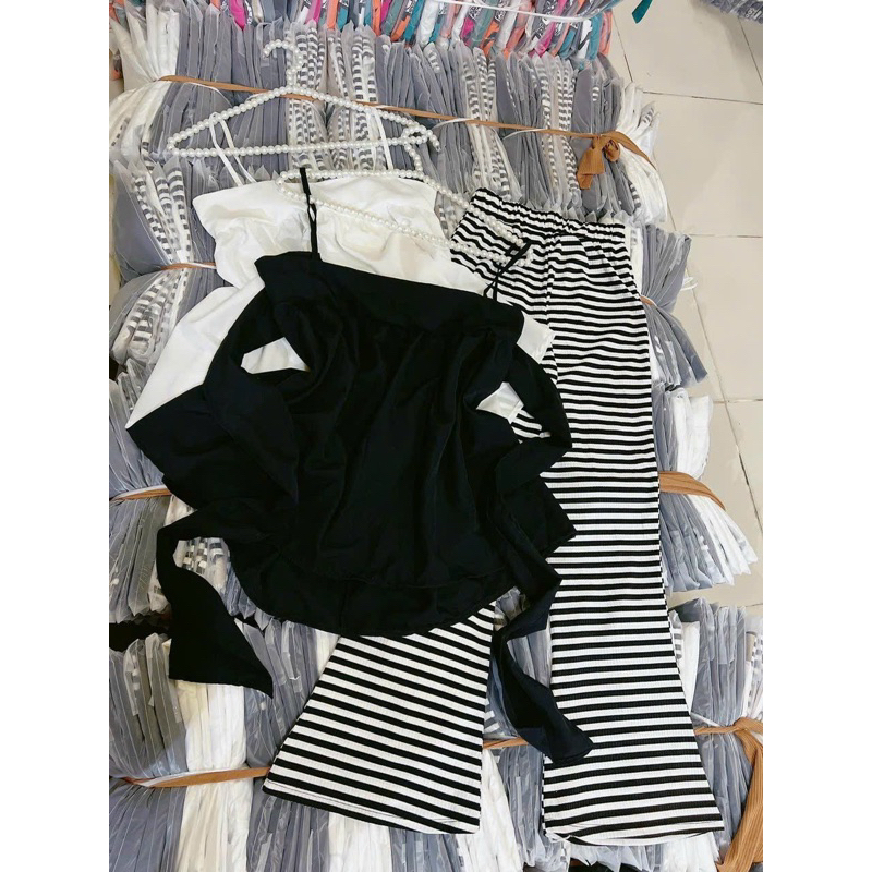 Set Bộ Áo Dây Babidoll Thắt Nơ Lưng Kèm Quần Dài Loe