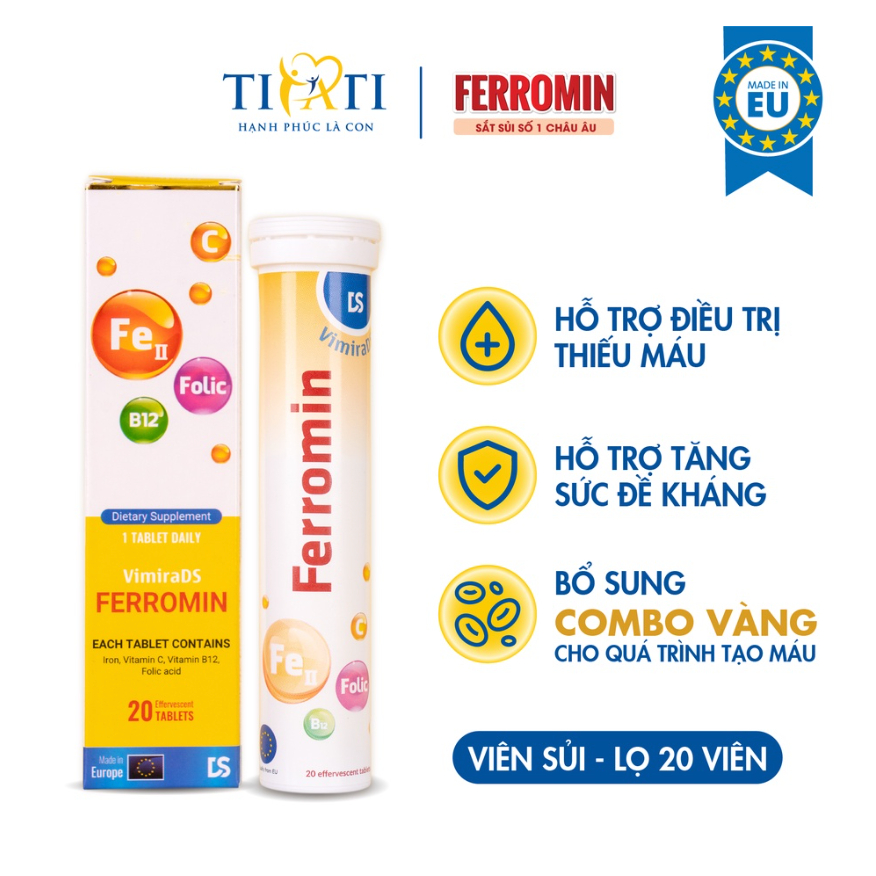 VIÊN SỦI DƯỠNG CHẤT Ferromin -  Cung cấp Acid folic, Vitamin, Bổ máu, vị dâu, không nóng