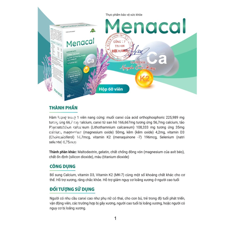 Canxi hữu cơ Aplicaps Menacal - Bổ sung canxi cho bà bầu không gây táo nóng, lắng cặn (60 viên) - Herbaby