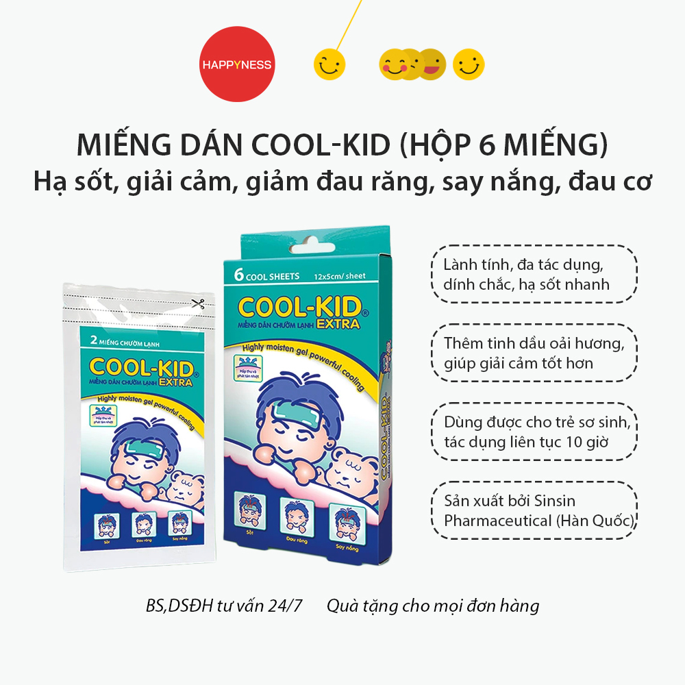 Miếng dán hạ sốt Aikido - Miếng dán lạnh Cool-Kid - Hạ sốt, giảm đau răng, say nắng, đau cơ - Hộp 6 miếng