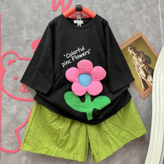 Set bộ đùi thun cotton form rộng đắp hoa nổi siêu hot