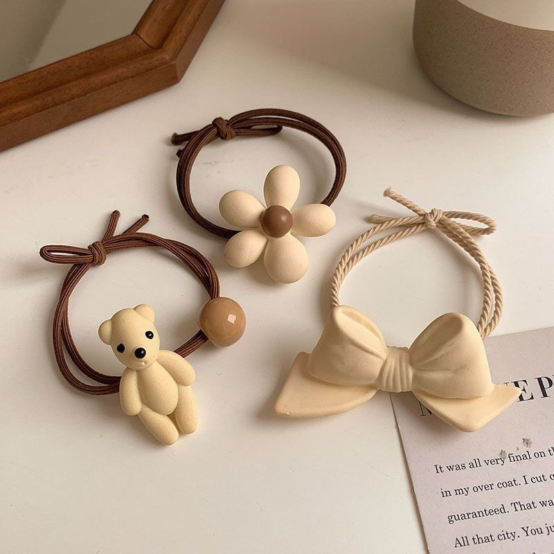 Dây buộc tóc nữ co giãn tông màu nâu trắng in họa tiết gấu hoa nơ phong cách tiểu thư dễ thương 2023