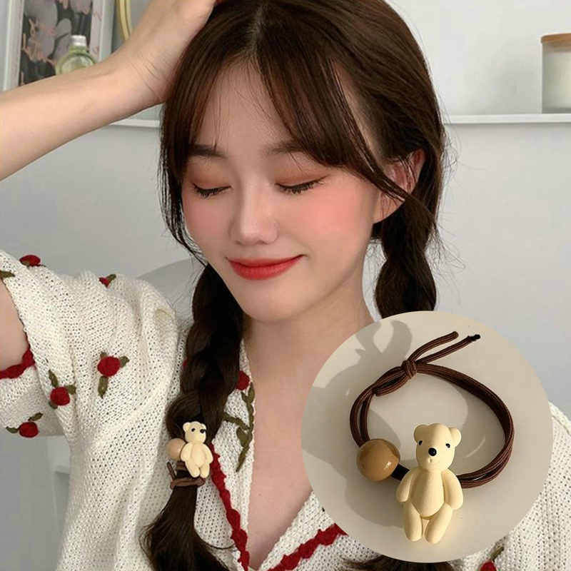 Dây buộc tóc nữ co giãn tông màu nâu trắng in họa tiết gấu hoa nơ phong cách tiểu thư dễ thương 2023