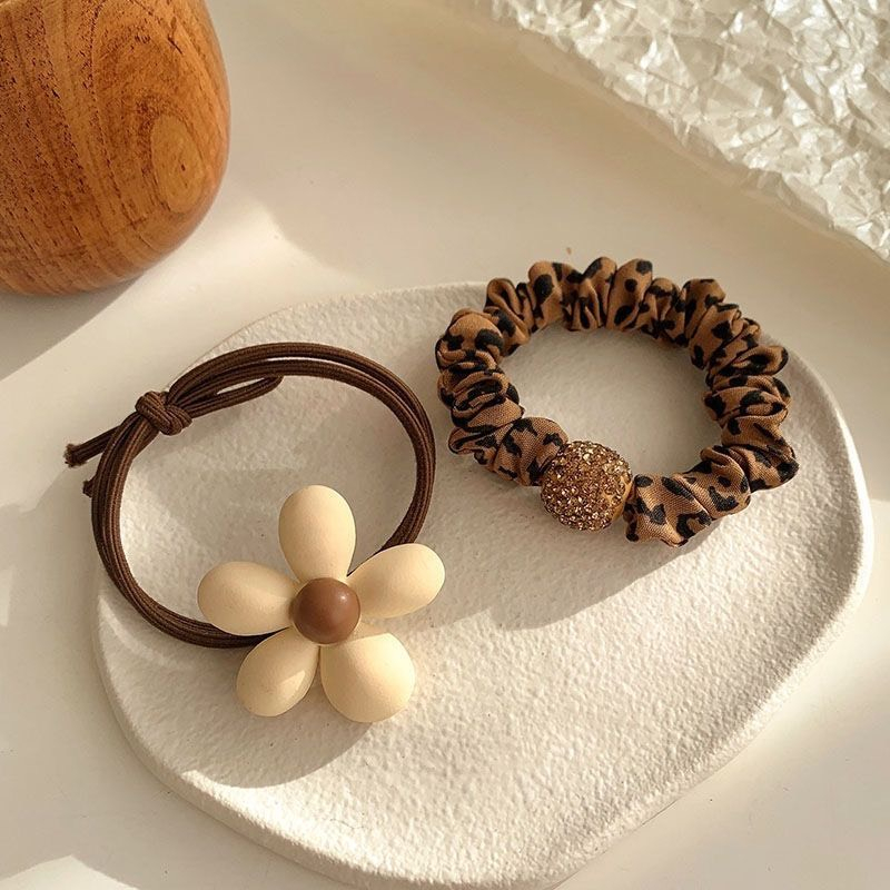 Dây buộc tóc nữ co giãn tông màu nâu trắng in họa tiết gấu hoa nơ phong cách tiểu thư dễ thương 2023