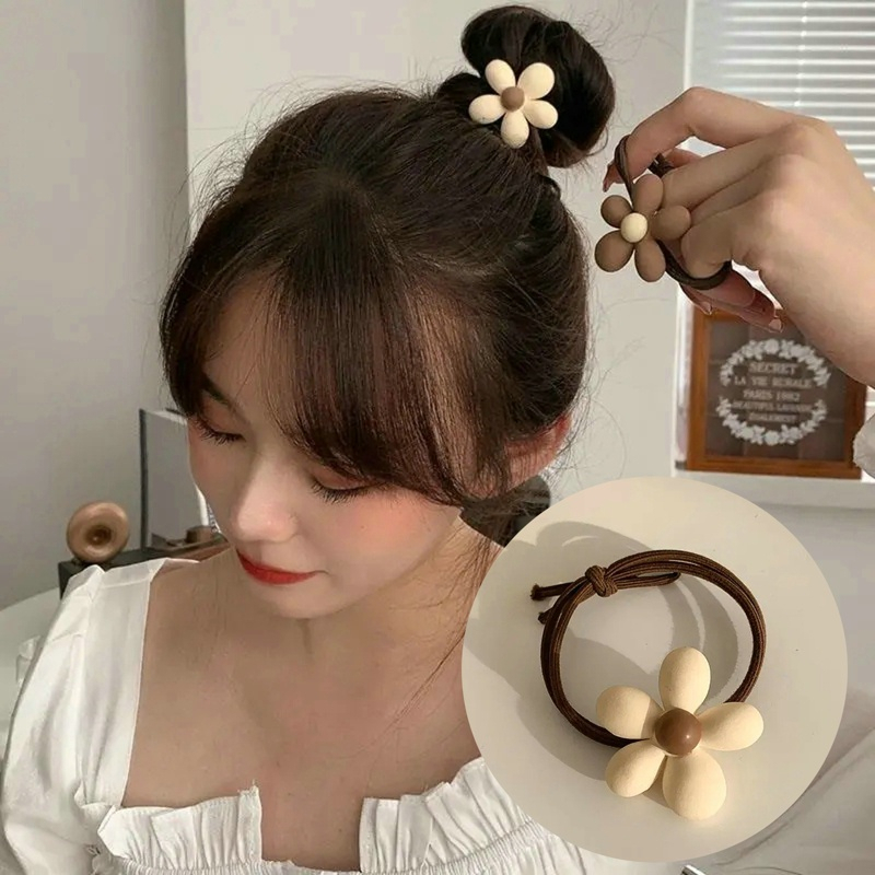 Dây buộc tóc nữ co giãn tông màu nâu trắng in họa tiết gấu hoa nơ phong cách tiểu thư dễ thương 2023