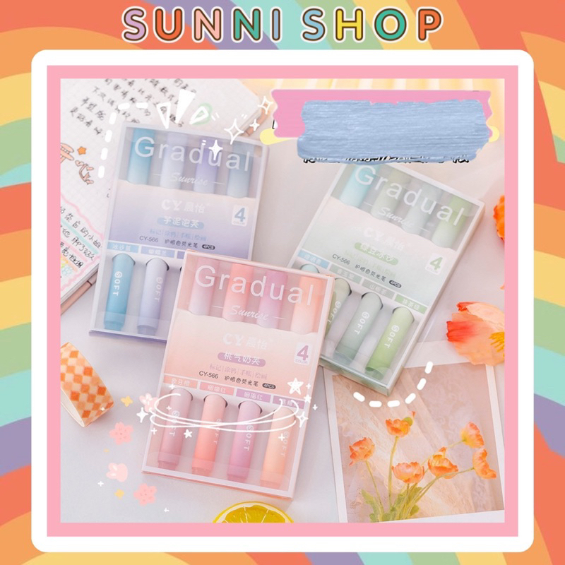 Set bút highlight dạ quang hộp 4 bút đánh dấu nhớ dòng nhiều màu vẽ graffiti