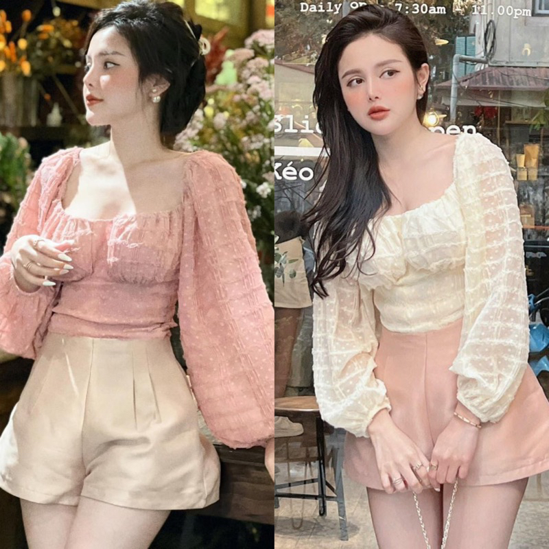 Set Bộ Áo Xốp Cúp Khuôn Ngực Tay Phồng + Quần Short Tapta