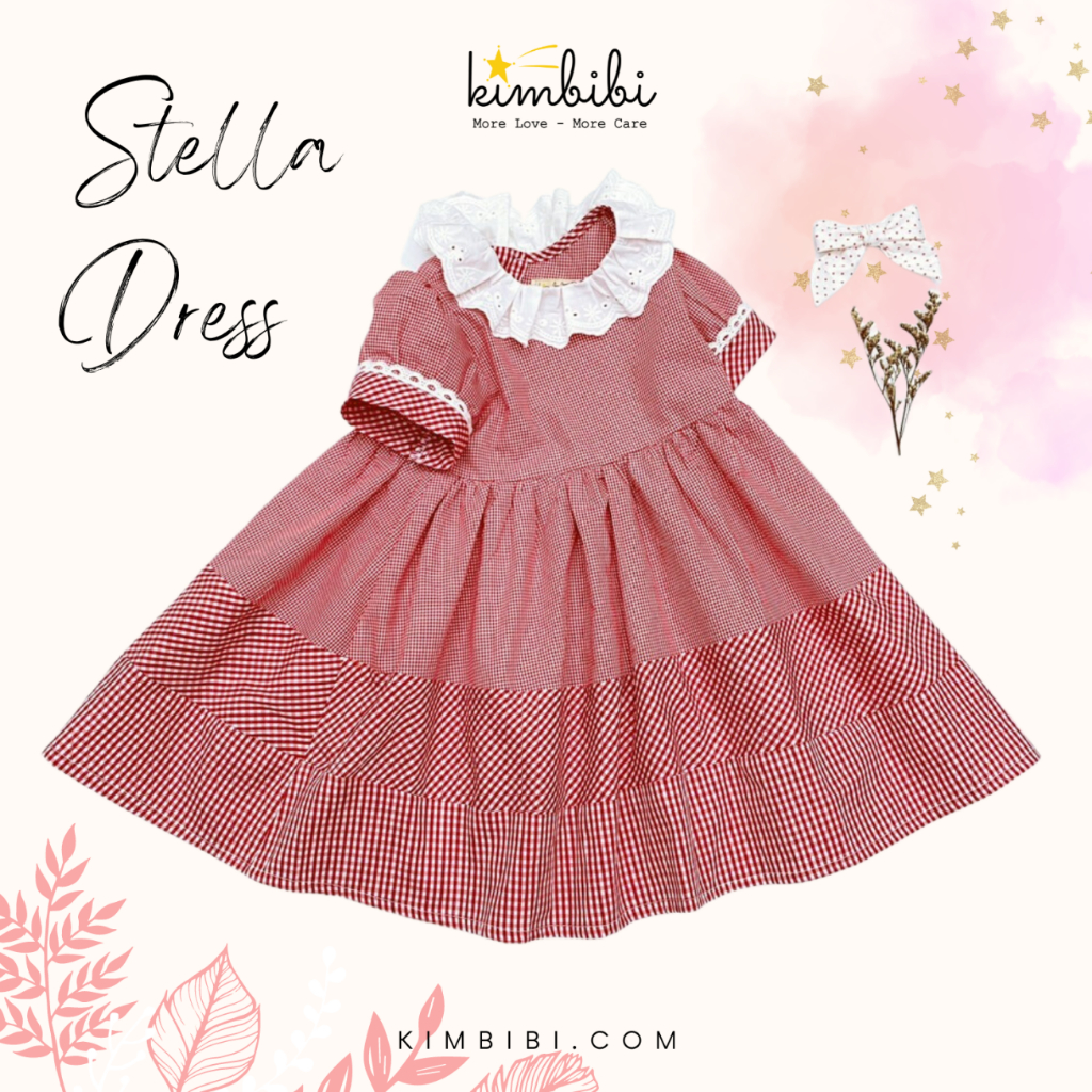 Váy hè mẫu đầm Stella có tông màu chủ đạo đỏ trầm kết hợp với họa tiết caro nhỏ nhắn được thiết kế Kimbibi V050 cộc tay