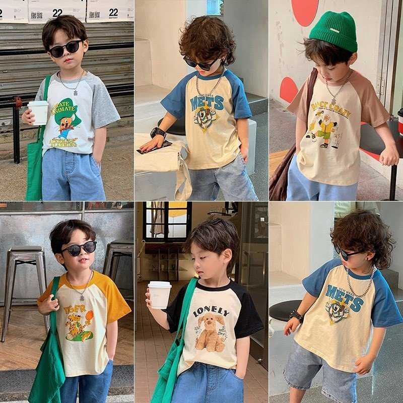Áo phông hoạt hình cho bé trai DMINT chất cotton tay phối màu đẹp - Quần áo mùa hè trẻ em Treebibi
