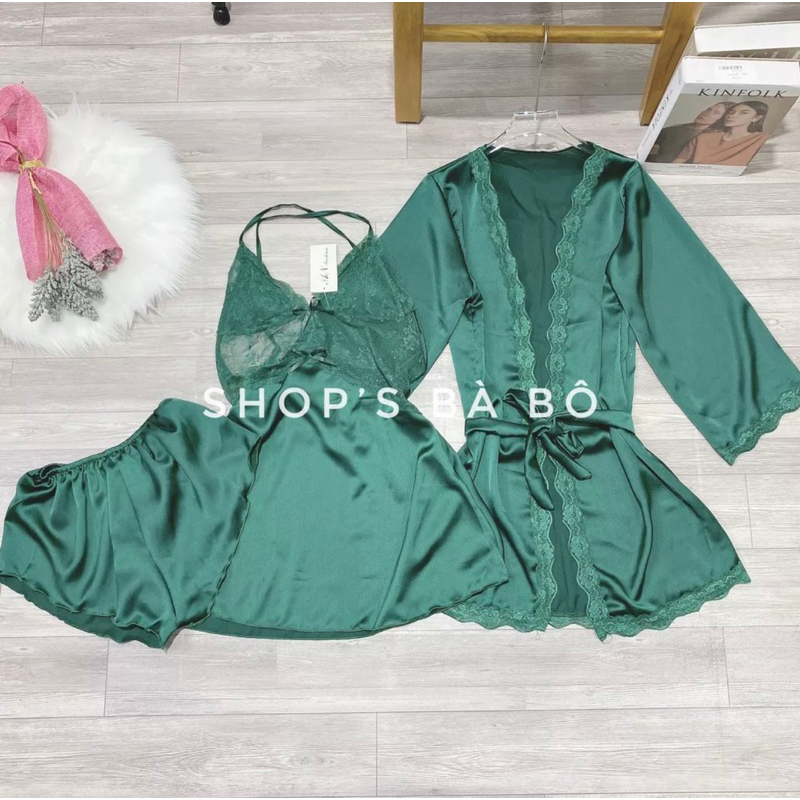 Combo đầm ngủ nữ gồm 4 chi tiết, áo choàng ren hoa, chất vải lụa satin đẹp, quyến rũ