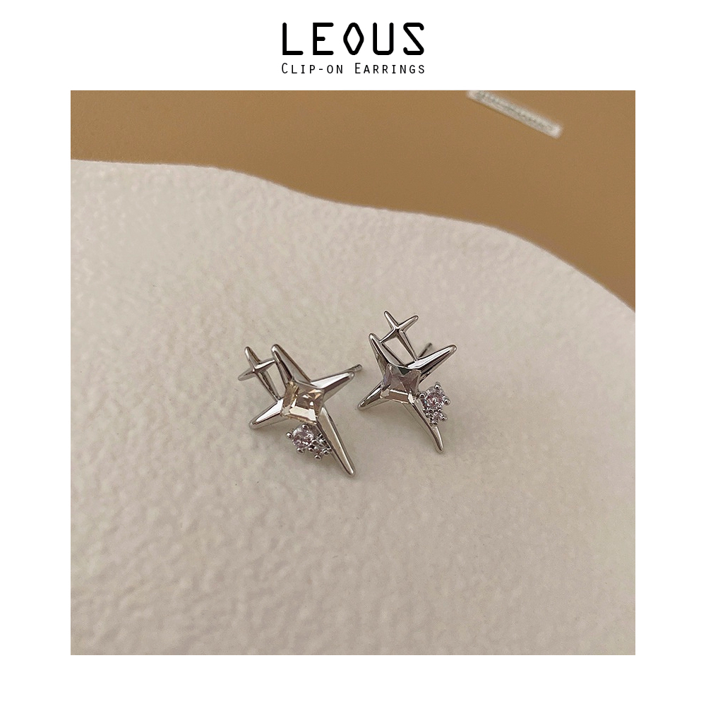 Khuyên tai kẹp không bấm lỗ chốt cố định K108 bằng hợp kim mạ bạc hình ngôi sao đính đá dáng ngắn Leous Accessories