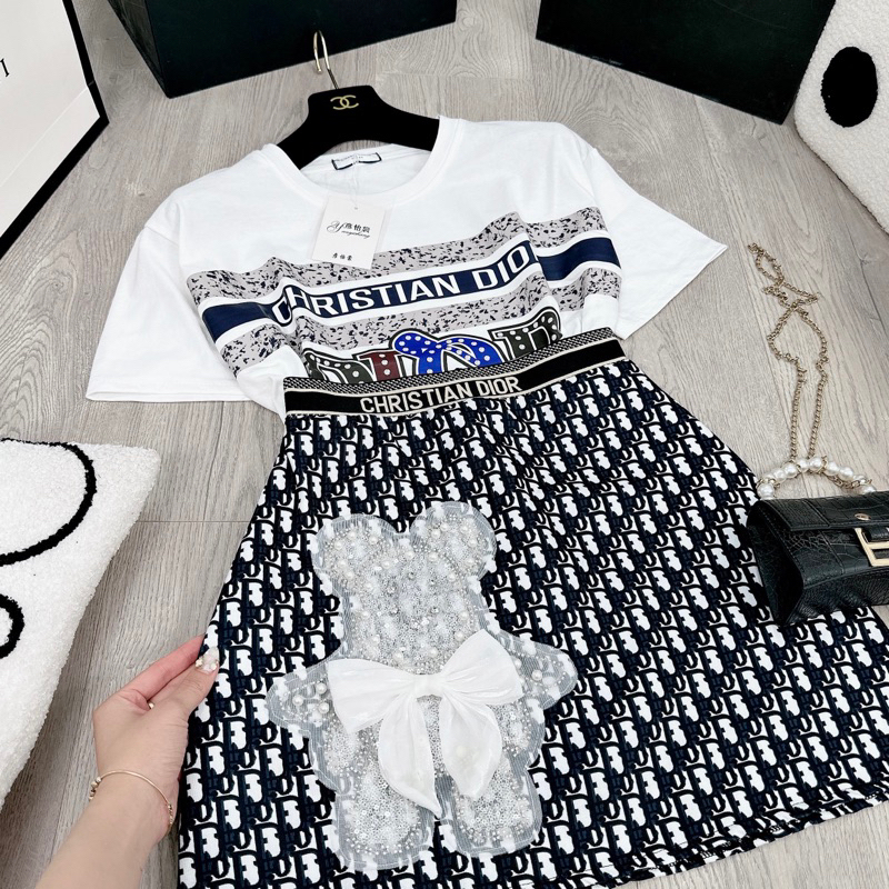 [ 𝐅𝐑𝐄𝐄 𝐒𝐇𝐈𝐏 ] Set áo phông Di.or mix cv gấu kim sa hot hit Áo cotton khô QC l1 dày đẹp, hình ép 5D nét căng