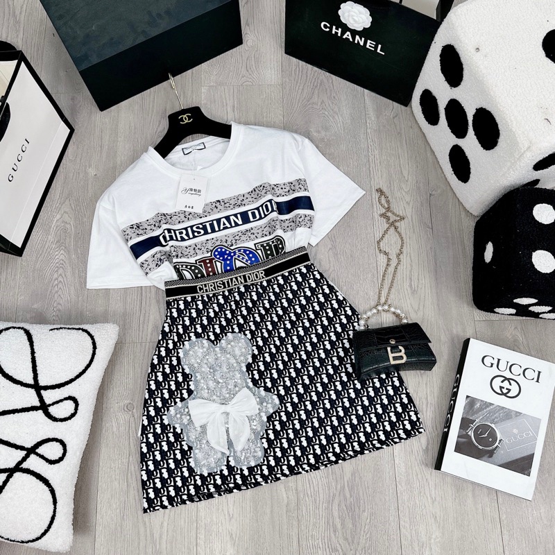 [ 𝐅𝐑𝐄𝐄 𝐒𝐇𝐈𝐏 ] Set áo phông Di.or mix cv gấu kim sa hot hit Áo cotton khô QC l1 dày đẹp, hình ép 5D nét căng