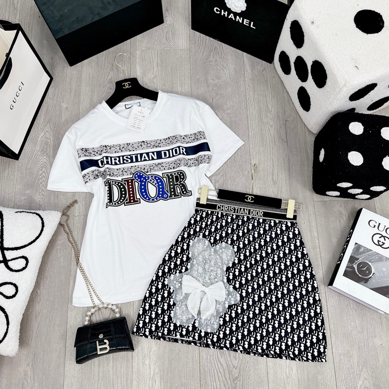 [ 𝐅𝐑𝐄𝐄 𝐒𝐇𝐈𝐏 ] Set áo phông Di.or mix cv gấu kim sa hot hit Áo cotton khô QC l1 dày đẹp, hình ép 5D nét căng