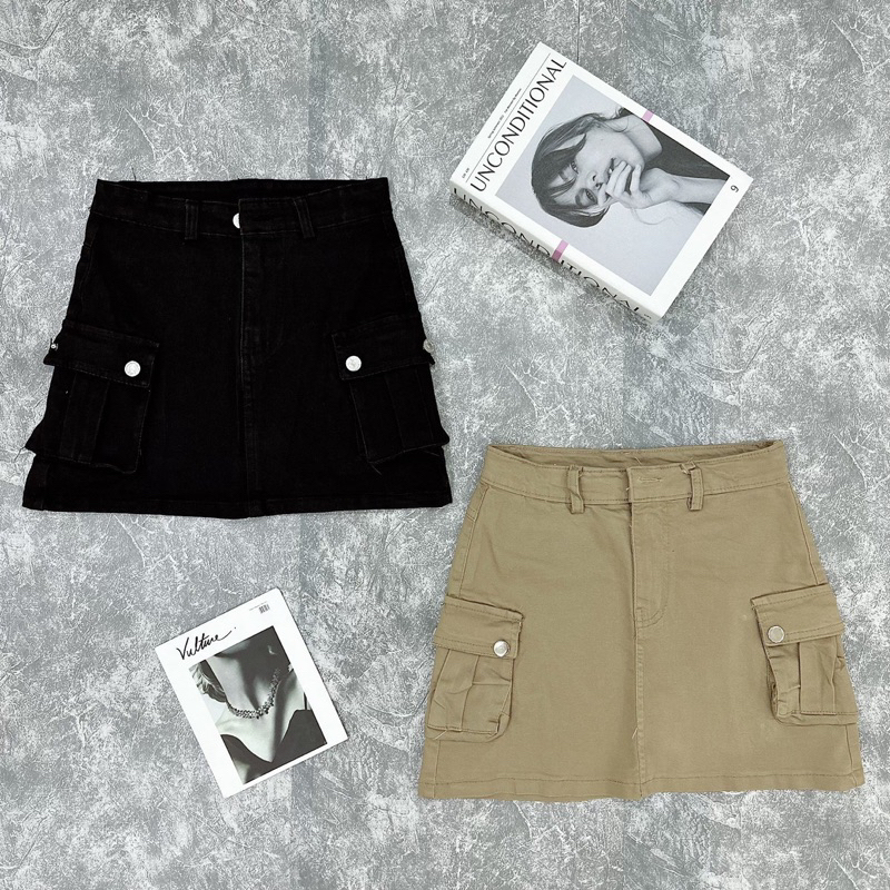 Chân váy kaki túi hộp Cargo màu camel cá tính, có lót trong an toàn 059 FIORI STORE