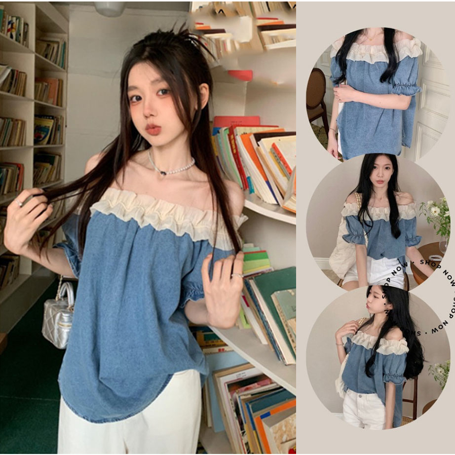 Áo jeans nữ trễ vai cộc tay phối bèo Dưới 60kg mặc bao xinh ạ