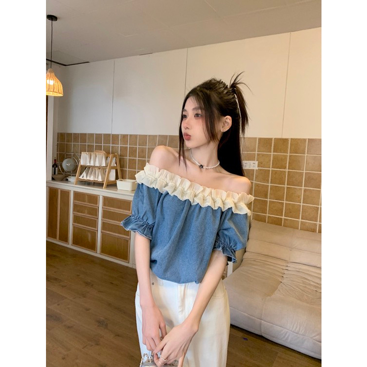 Áo jeans nữ trễ vai cộc tay phối bèo Dưới 60kg mặc bao xinh ạ