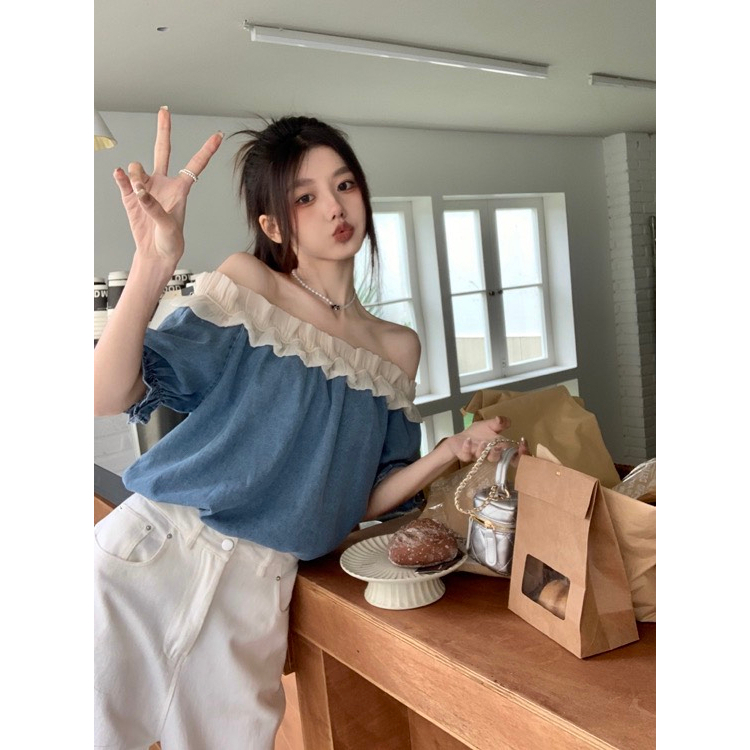 Áo jeans nữ trễ vai cộc tay phối bèo Dưới 60kg mặc bao xinh ạ