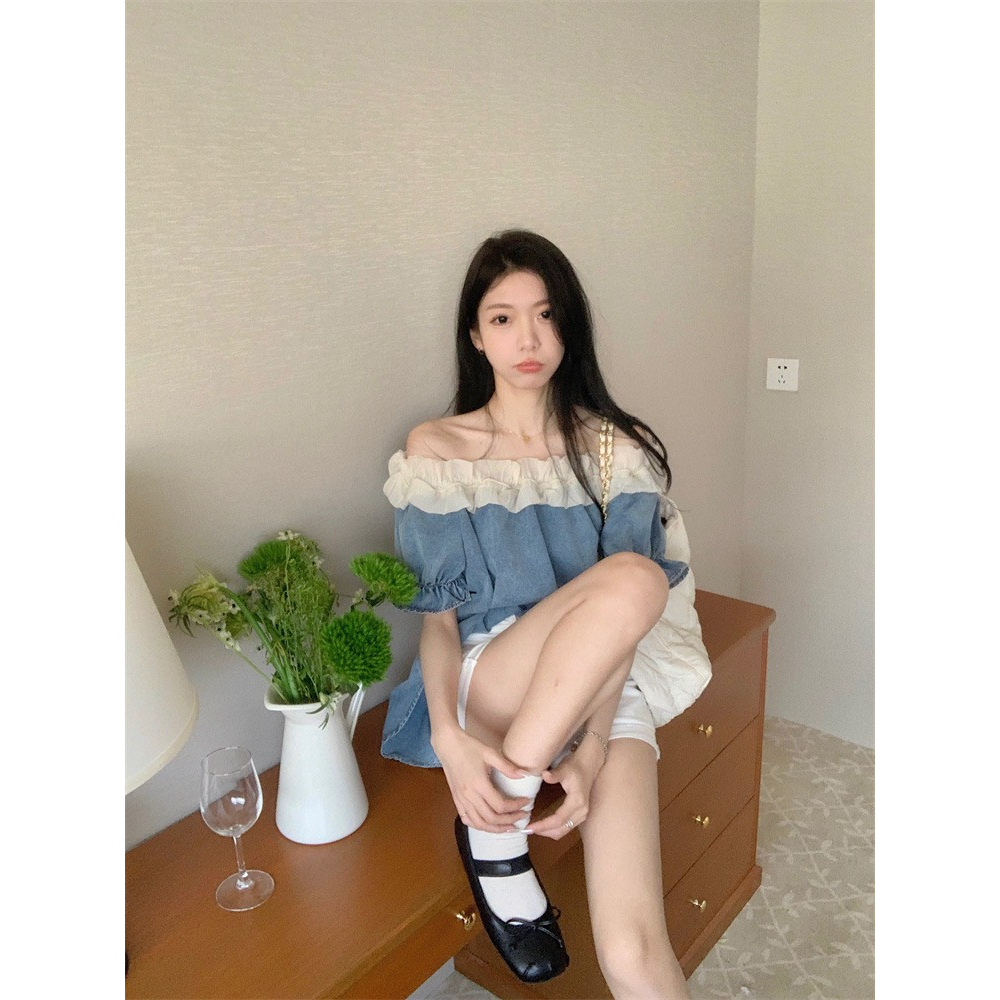 Áo jeans nữ trễ vai cộc tay phối bèo Dưới 60kg mặc bao xinh ạ