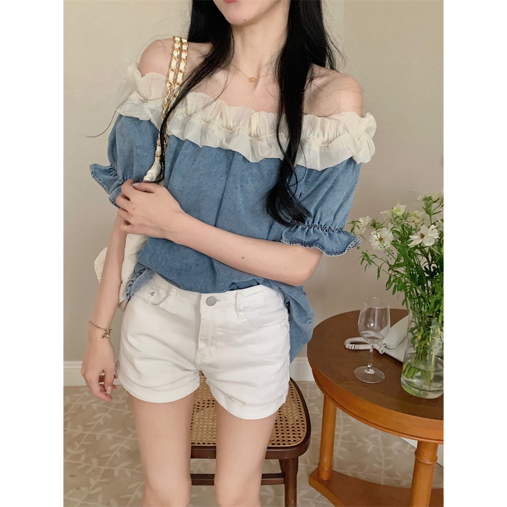 Áo jeans nữ trễ vai cộc tay phối bèo Dưới 60kg mặc bao xinh ạ