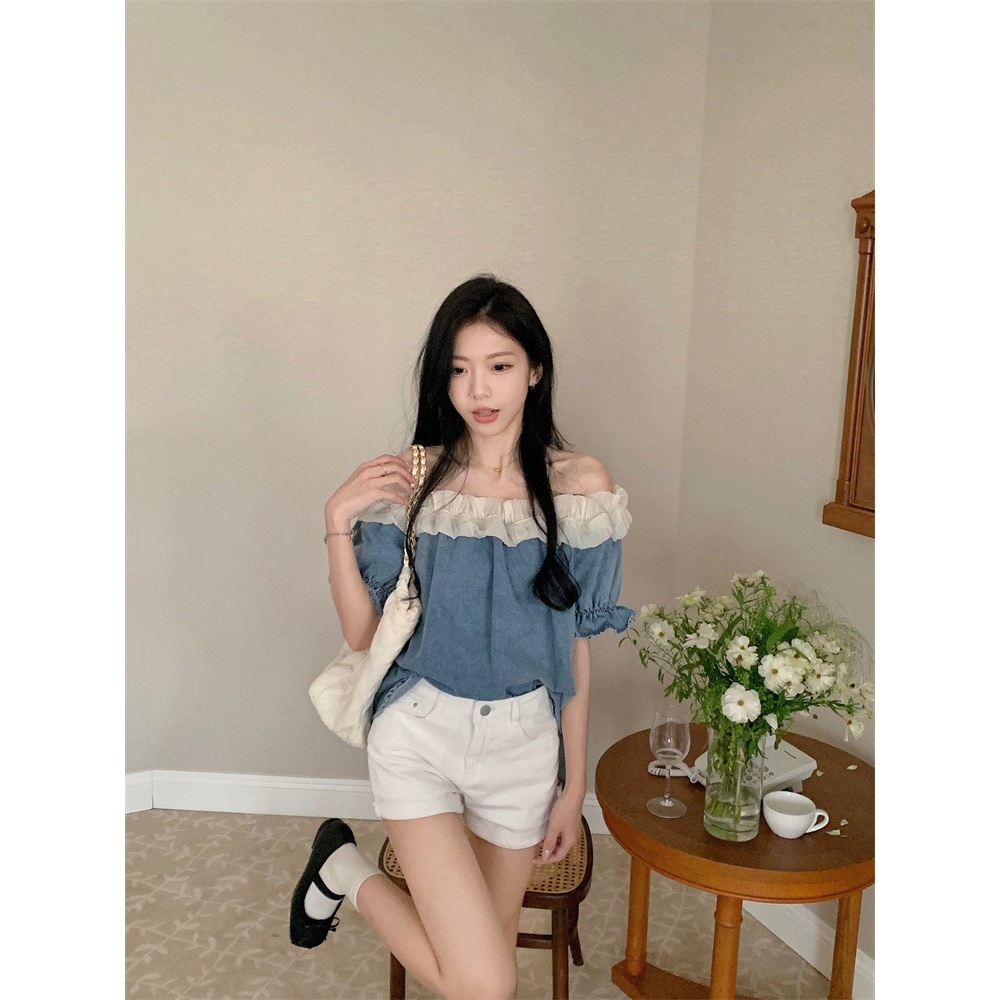 Áo jeans nữ trễ vai cộc tay phối bèo Dưới 60kg mặc bao xinh ạ